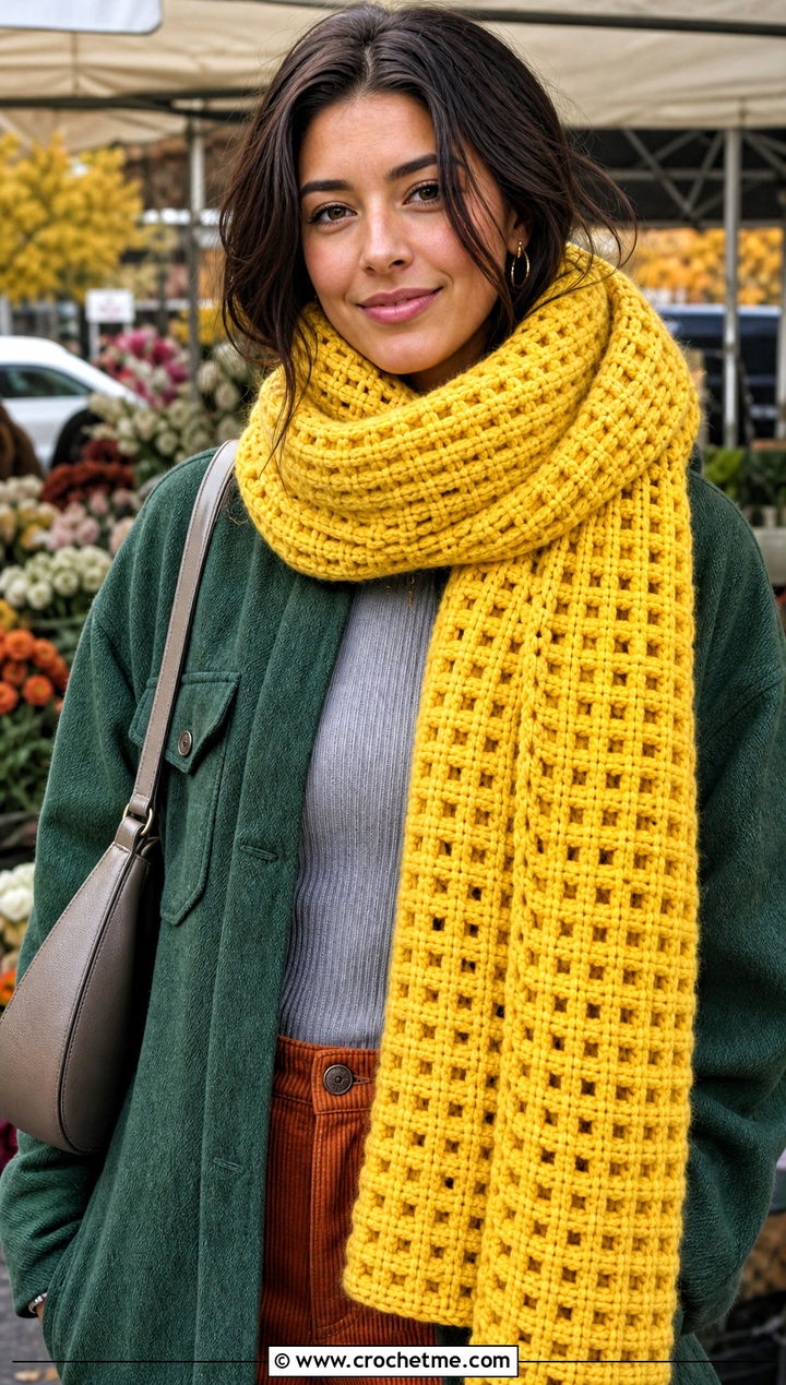 Waffle Stitch Super Bulky Crochet Scarf With Shacket - 15 Super Bulky Crochet Scarf outfit ideas