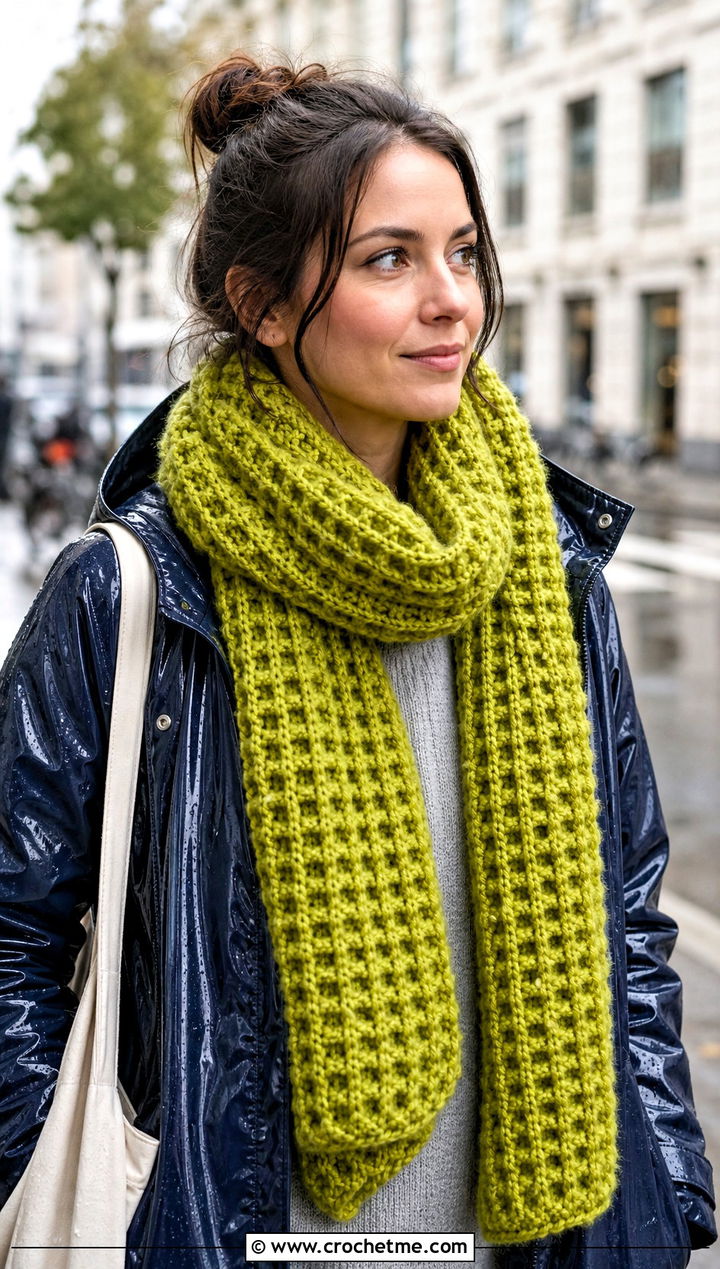 Waffle Stitch Super Chunky Crochet Scarf With Raincoat - 25 Super Chunky Crochet Scarf outfit ideas