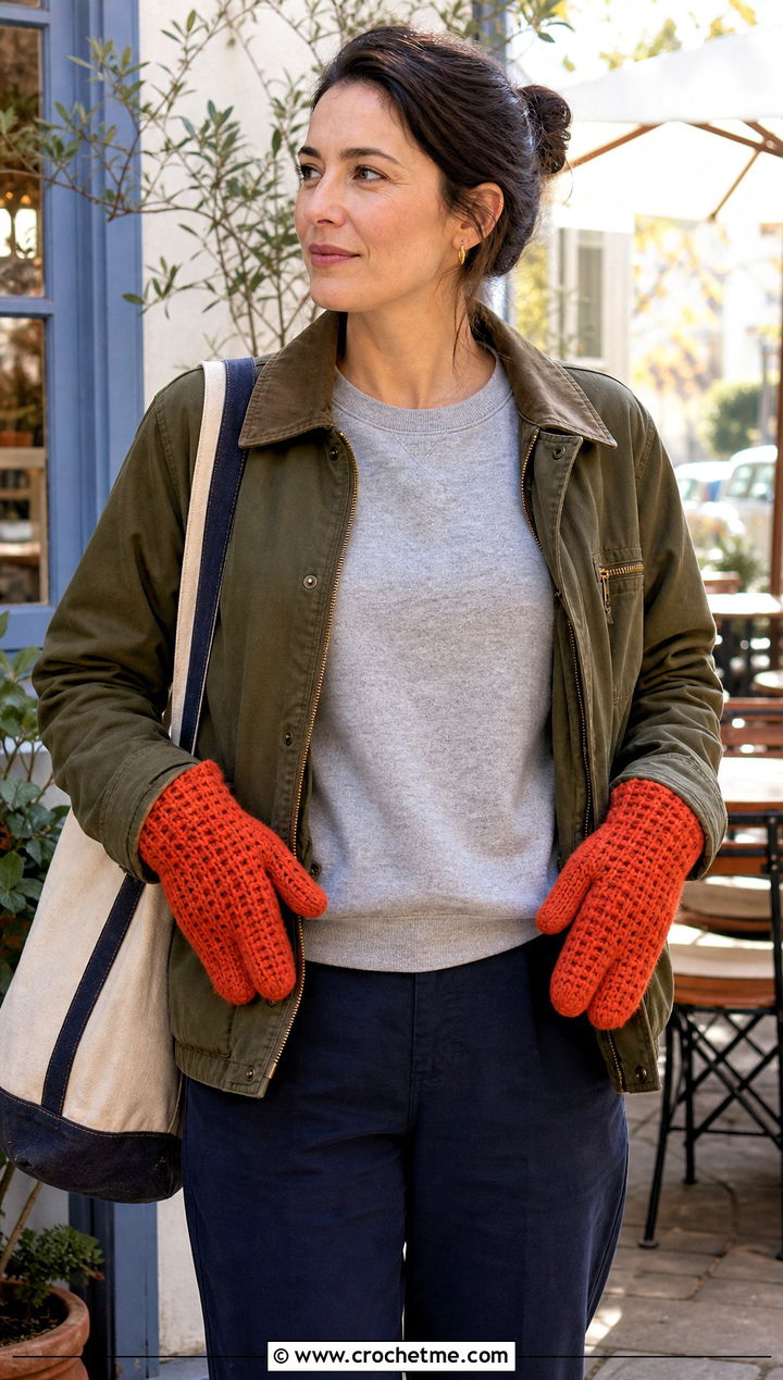 Waffle Stitch Tabi Crochet Mittens With Barn Jacket And Chinos - 25 Tabi Crochet Mittens outfit ideas