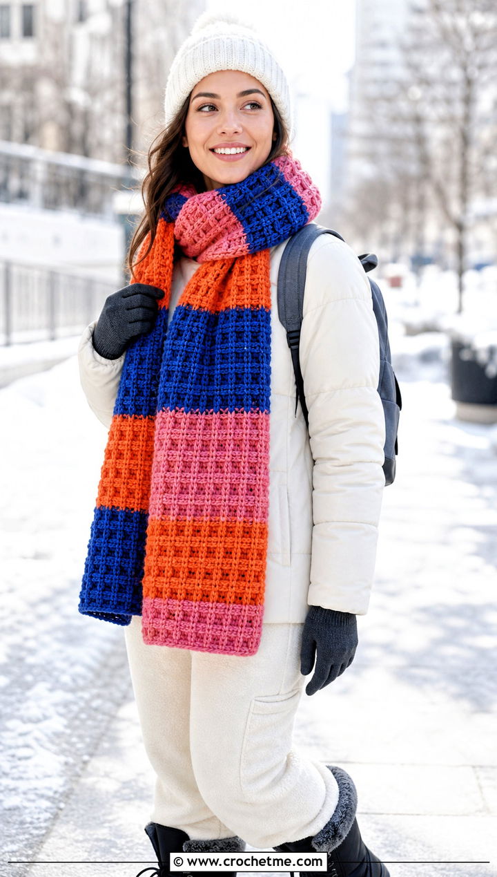 Waffle Stitch Temperature Scarf With Puffer Coat - 30 crochet temperature scarf outfit ideas