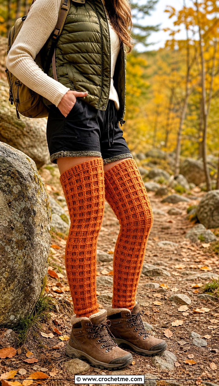 Waffle Stitch Thigh High Crochet Socks With Puffer Vest - 35 thigh high crochet socks outfit ideas