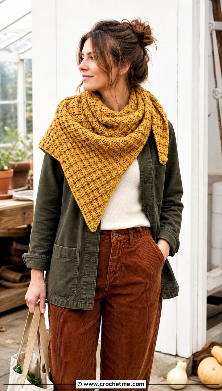 Waffle Stitch Triangle Crochet Shawl With Chore Jacket And Corduroy Pants - 35 triangle crochet shawl outfit ideas
