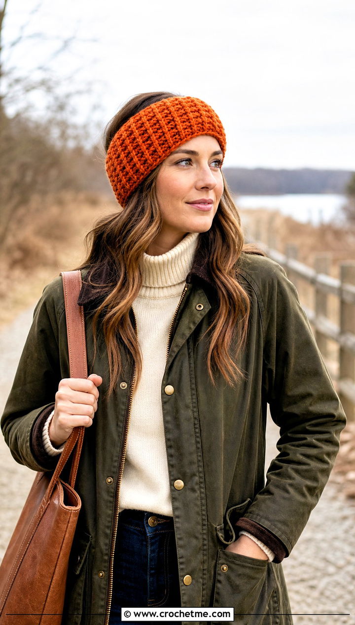 Waffle Stitch Tunisian Crochet Ear Warmer With Barn Jacket - 30 Tunisian Crochet Ear Warmer outfit ideas