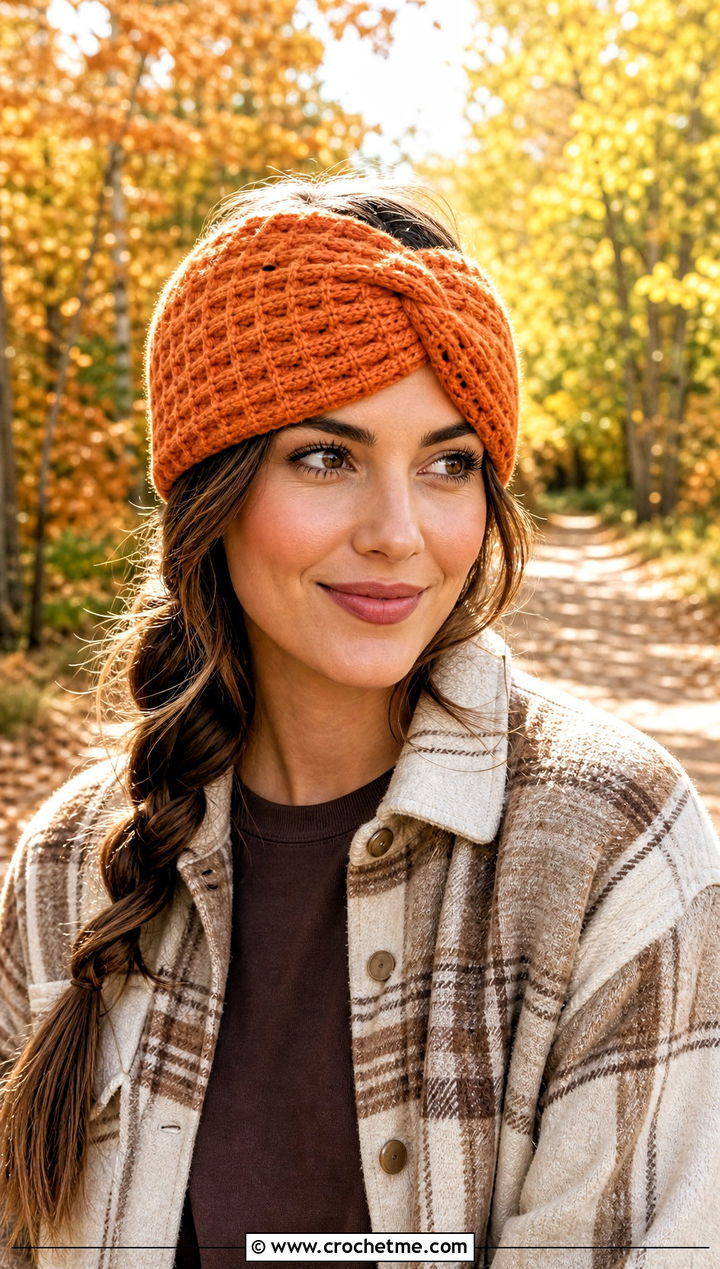Waffle Stitch Twist Crochet Ear Warmer With Shacket - 25 twist crochet ear warmer outfit ideas