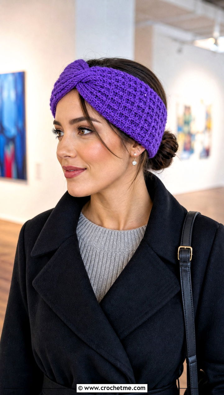 Waffle Stitch Twist Crochet Ear Warmer With Sweater Dress - 25 Diy Crochet Headband Ear Warmers outfit ideas