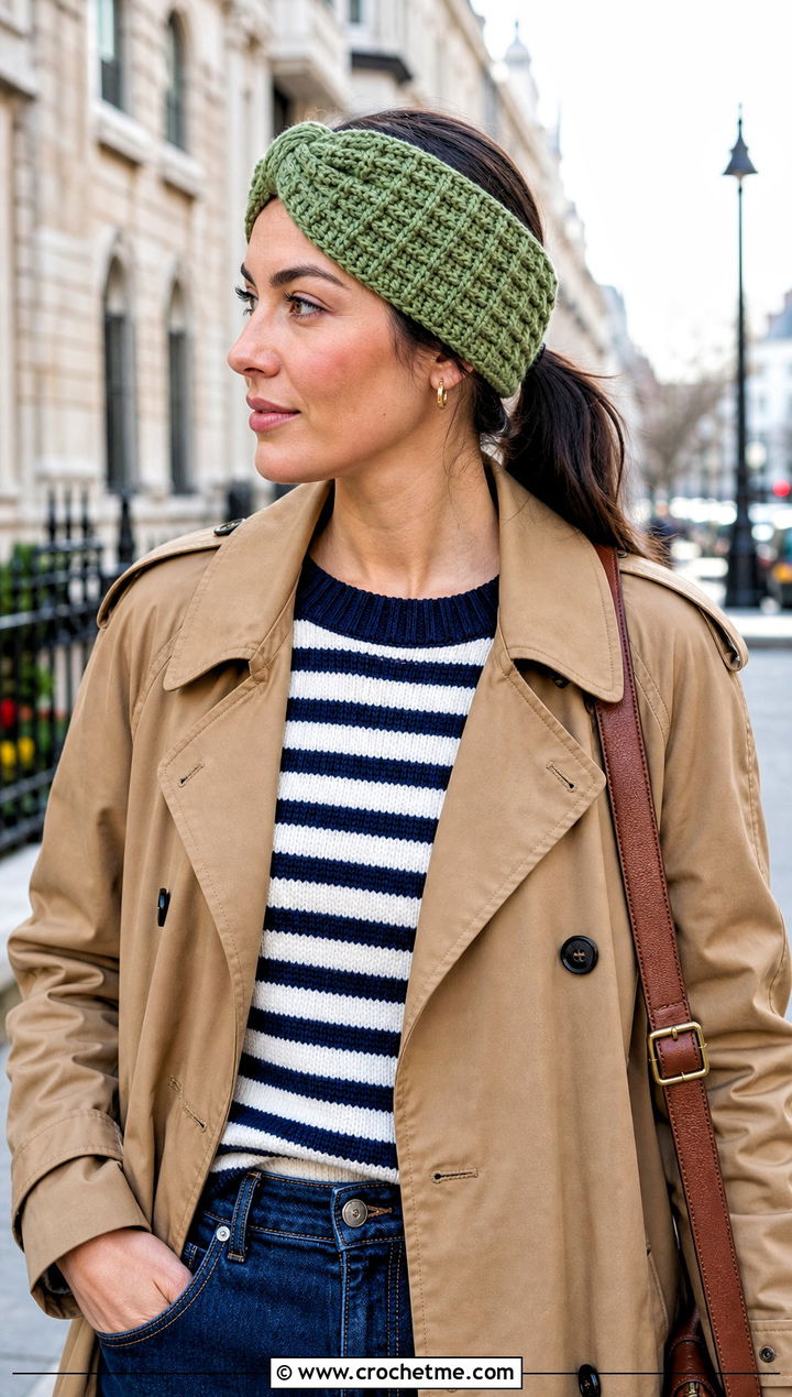 Waffle Stitch Twist Ear Warmer With Trench Coat - 25 Crochet Twist Ear Warmer outfit ideas