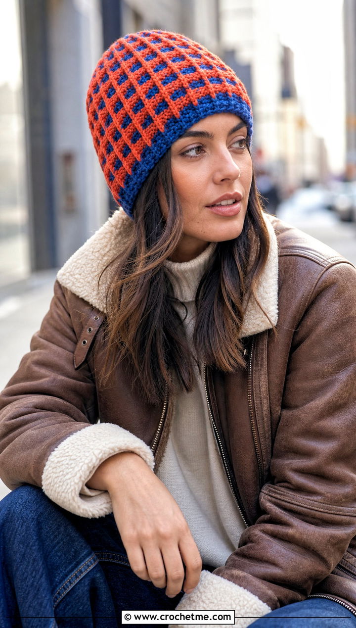 Waffle Stitch Two Color Crochet Beanie With Aviator Jacket - 30 2 color crochet beanie hat outfit ideas