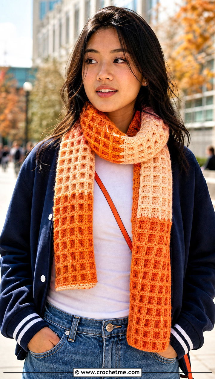Waffle Stitch Two Tone Crochet Scarf With Varsity Jacket - 25 two tone crochet scarf outfit ideas