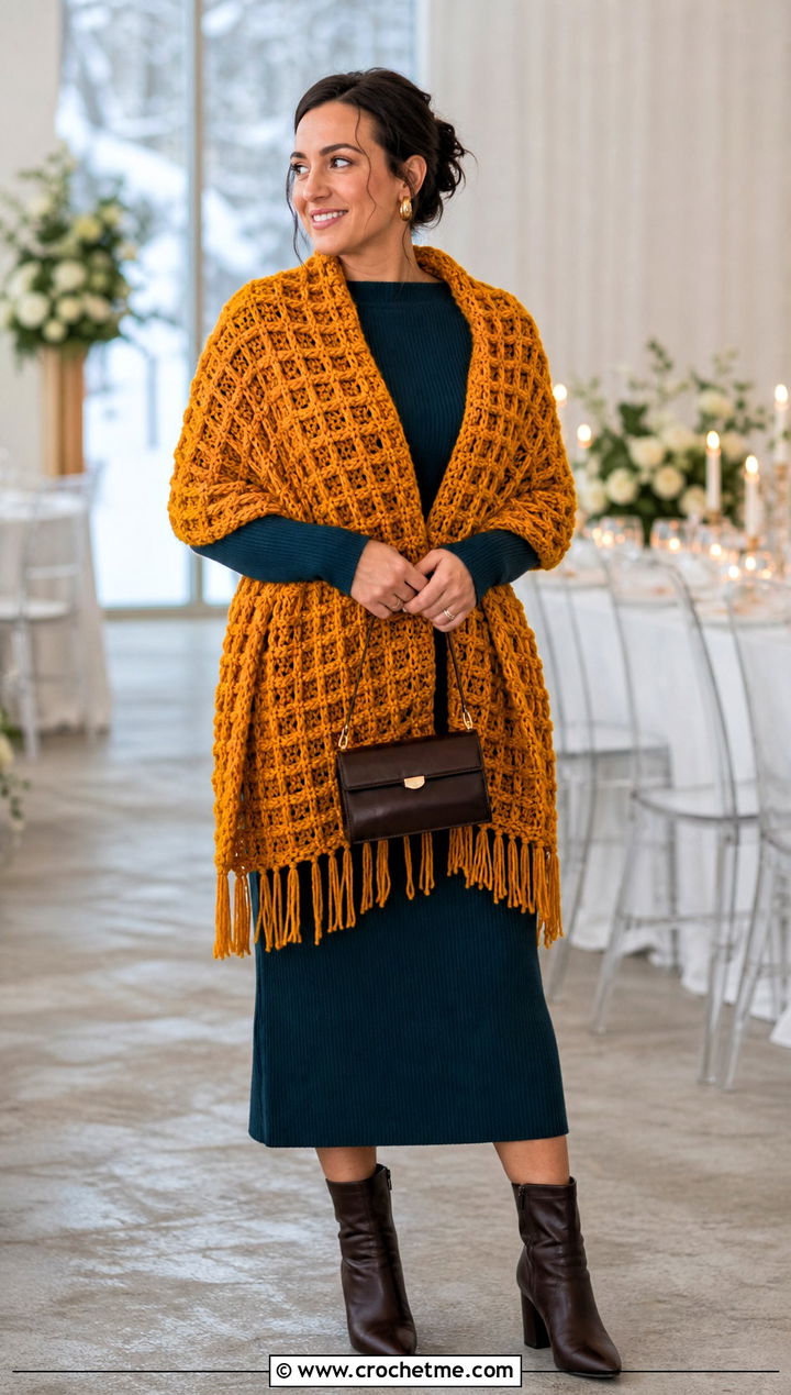 Waffle Stitch Wedding Shawl With Knit Midi Dress - 35 crochet wedding shawl outfit ideas