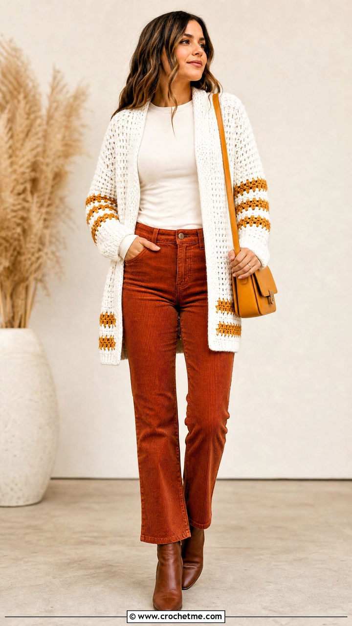 Waffle Stitch White Crochet Cardigan With Corduroy Pants - 35 White Crochet Cardigan Outfit ideas