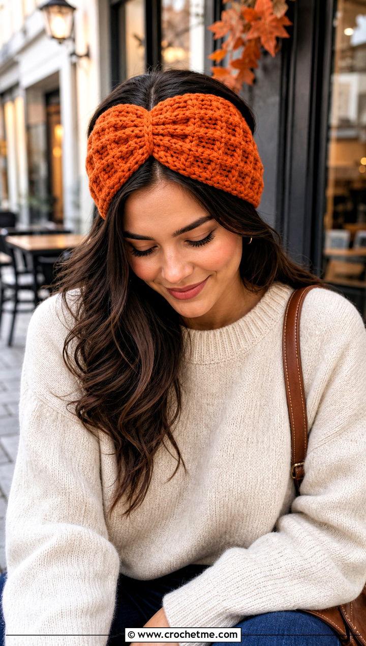 Waffle Stitch Wide Cinch Crochet Headband With Sweater And Jeans - 15 wide cinch crochet headband outfit ideas
