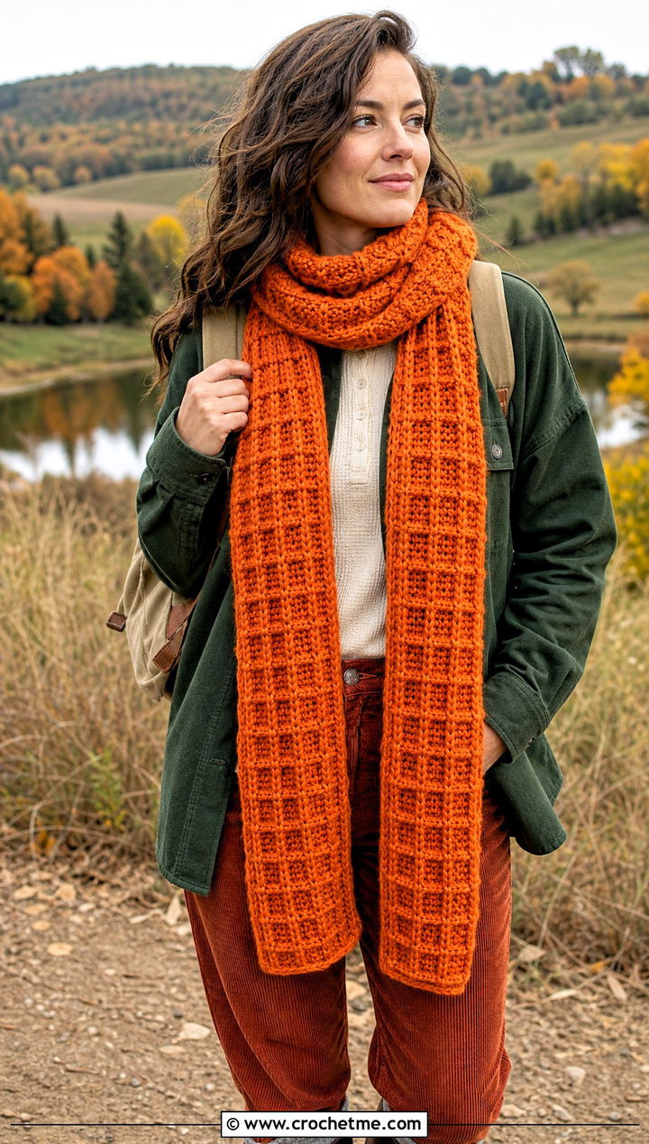 Waffle Stitch Worsted Weight Crochet Scarf With Shacket - 20 Crochet Scarf Worsted Weight Yarn outfit ideas
