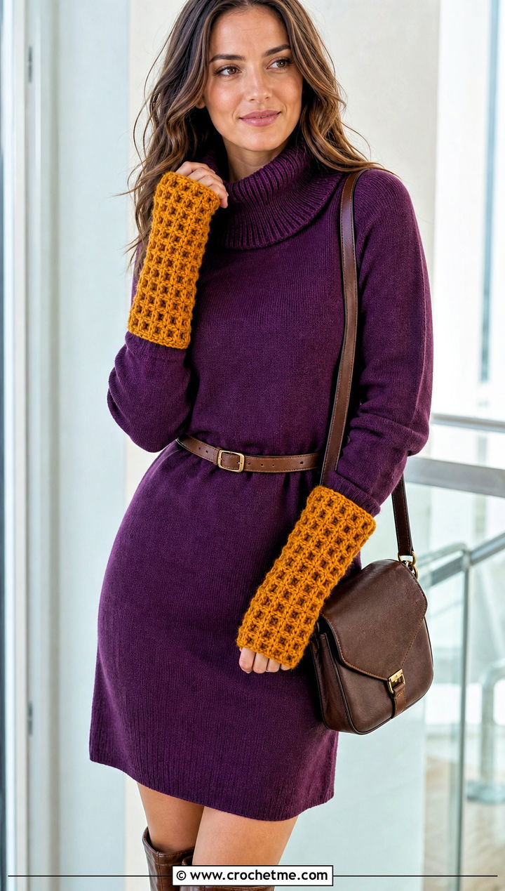 Waffle Stitch Wrist Warmers With Sweater Dress - 30 easy crochet hand warmers outfit ideas