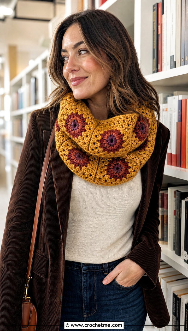 Wagon Wheel Granny Square Cowl With Corduroy Blazer - 25 Granny Square Cowl outfit ideas