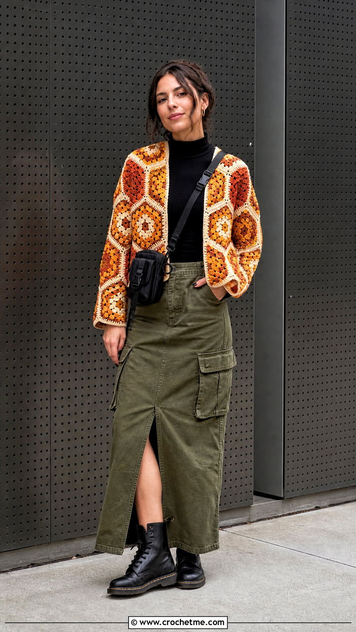Waist Length Hexagon Granny Square Cardigan With Cargo Maxi Skirt - 35 hexagon granny square cardigan outfit ideas