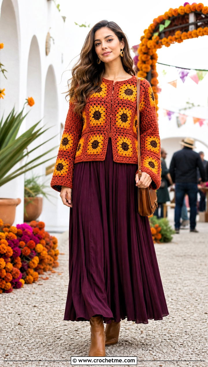 Waist Length Sunflower Granny Square Sweater Over Maxi Dress - 30 sunflower granny square sweater outfit ideas