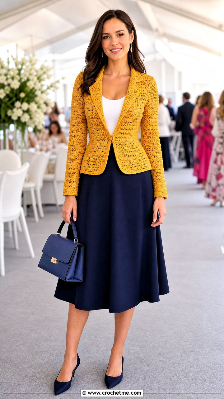 Waist Shaped Crochet Bog Jacket With A Line Skirt - 35 Crochet Bog Jacket outfit ideas