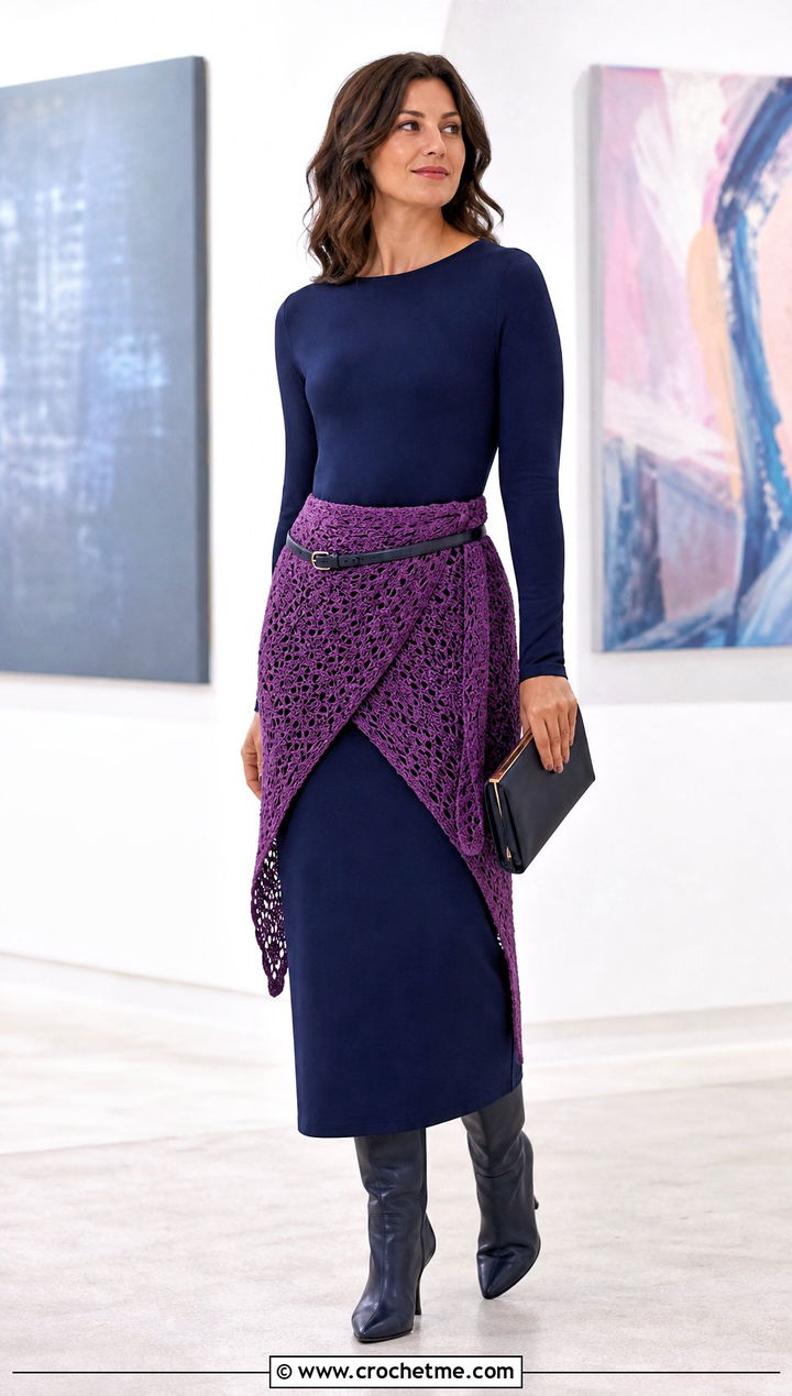 Waist Wrapped Fall River Crochet Shawl With a Column Dress - 25 Fall River Crochet Shawl outfit ideas