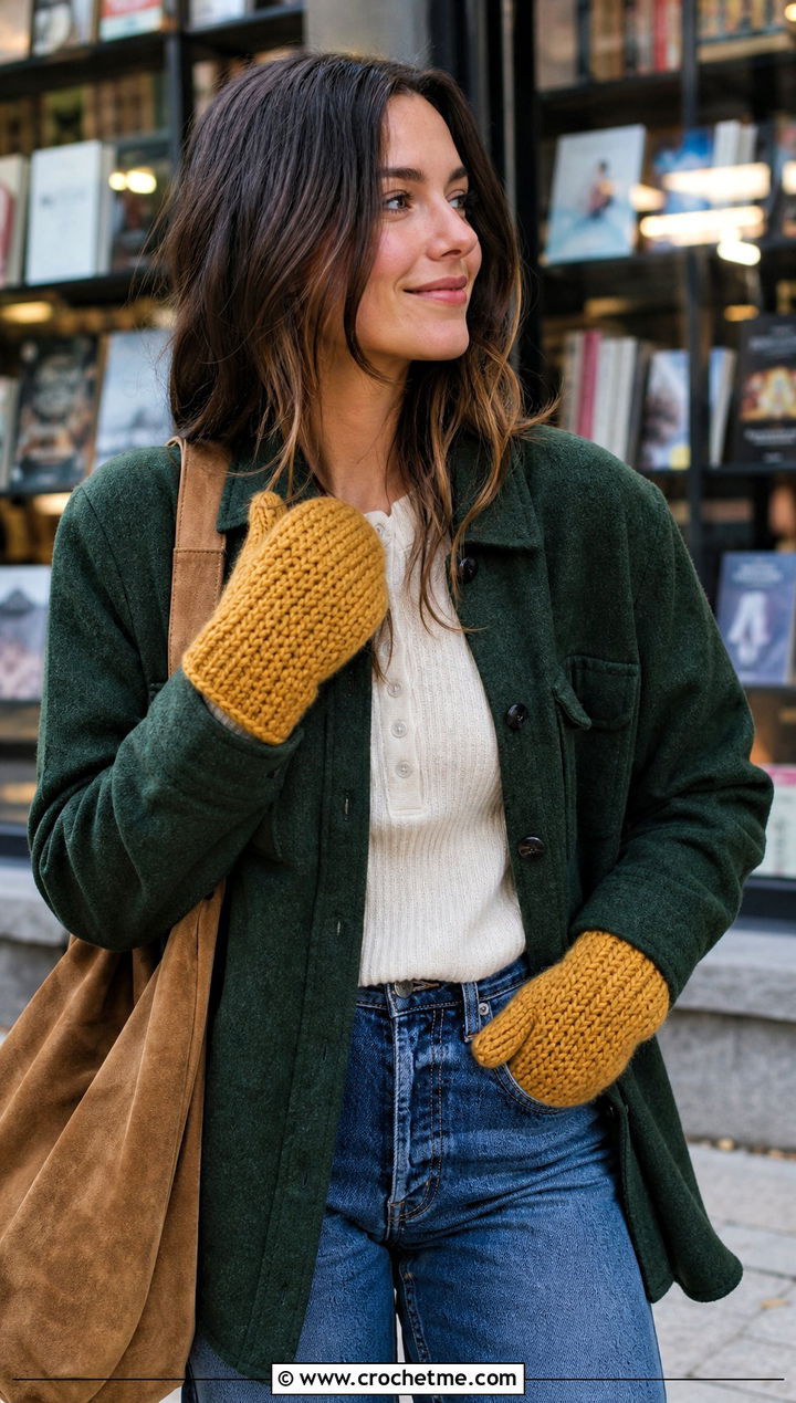 Waistcoat Stitch Bulky Crochet Mittens With Shacket And Barrel Jeans - 15 Bulky Crochet Mittens outfit ideas