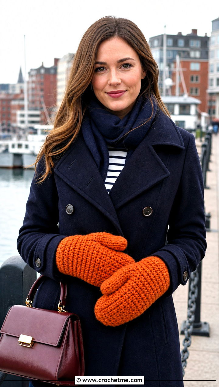 Waistcoat Stitch Chunky Crochet Mittens With Peacoat - 20 Chunky Yarn Crochet Mittens outfit ideas