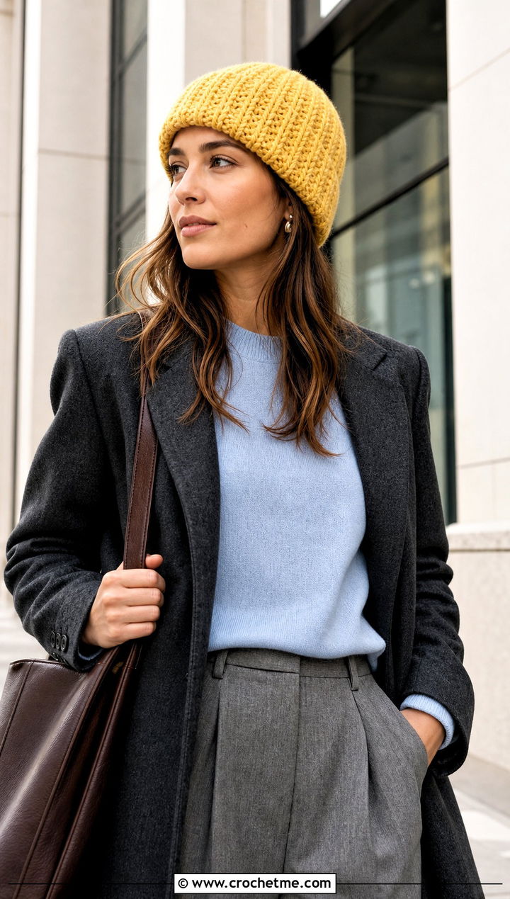 Waistcoat Stitch Crochet Beanie With Tailored Coat - 15 Crochet Hat That Looks Knitted outfit ideas