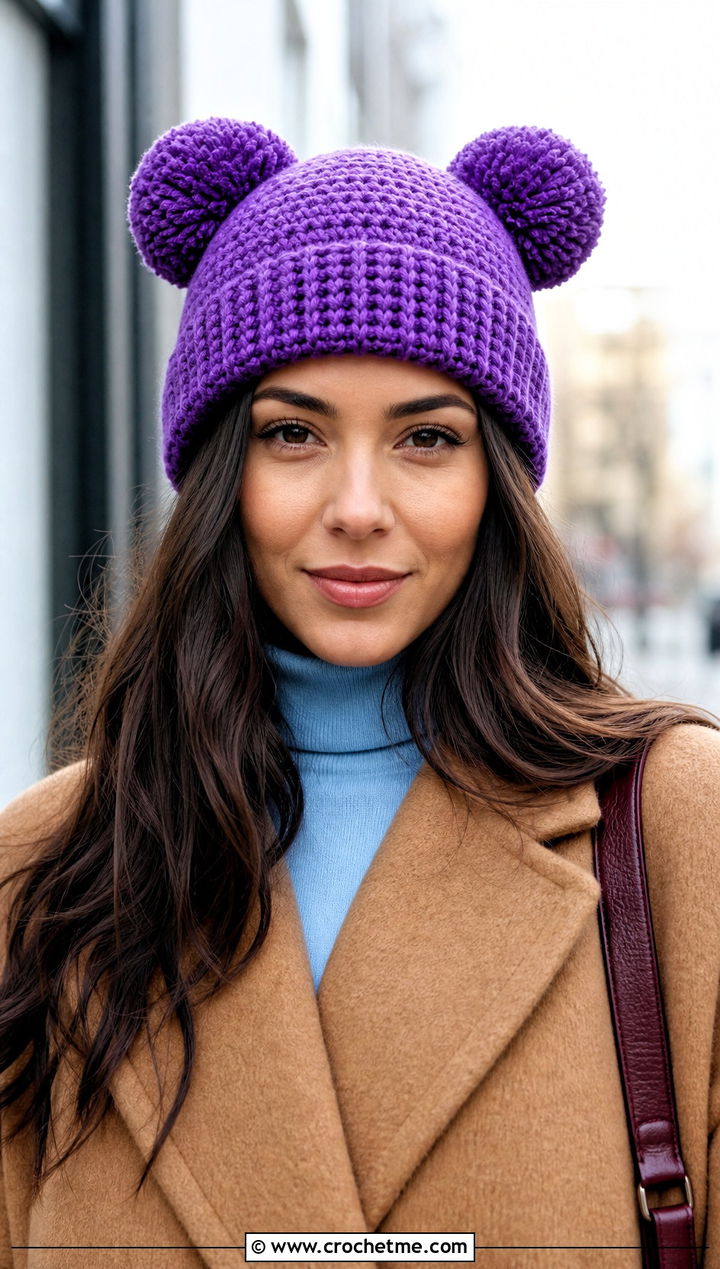 Waistcoat Stitch Double Pom Pom Hat With Wool Coat - 25 Crochet Double Pom Pom Hat outfit ideas
