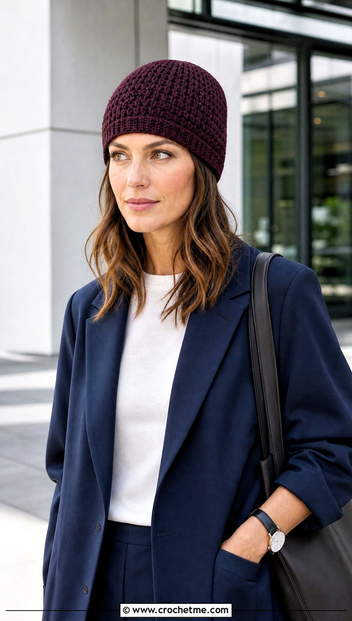 Waistcoat Stitch Knit Look Crochet Beanie With Trouser Suit - 25 Knit Look Crochet Hat outfit ideas