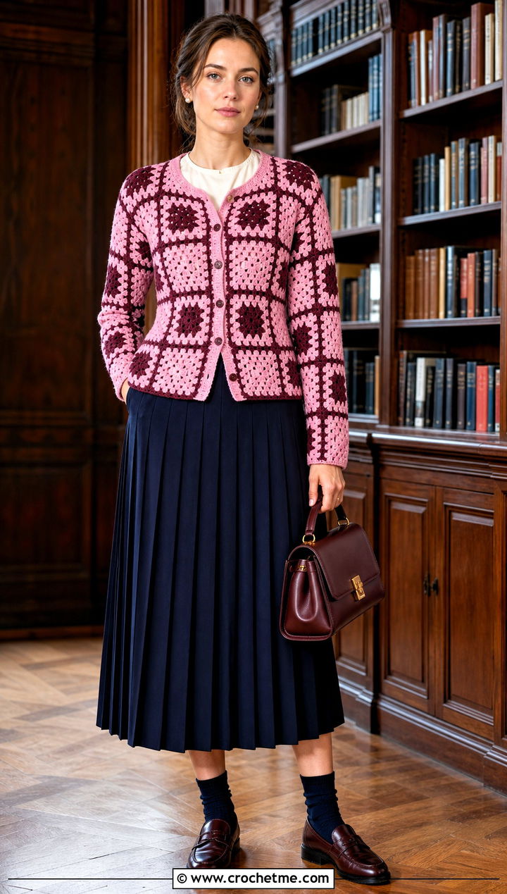 Waisted Checkered Granny Square Cardigan With Pleated Midi Skirt - 25 checkered granny square cardigan outfit ideas