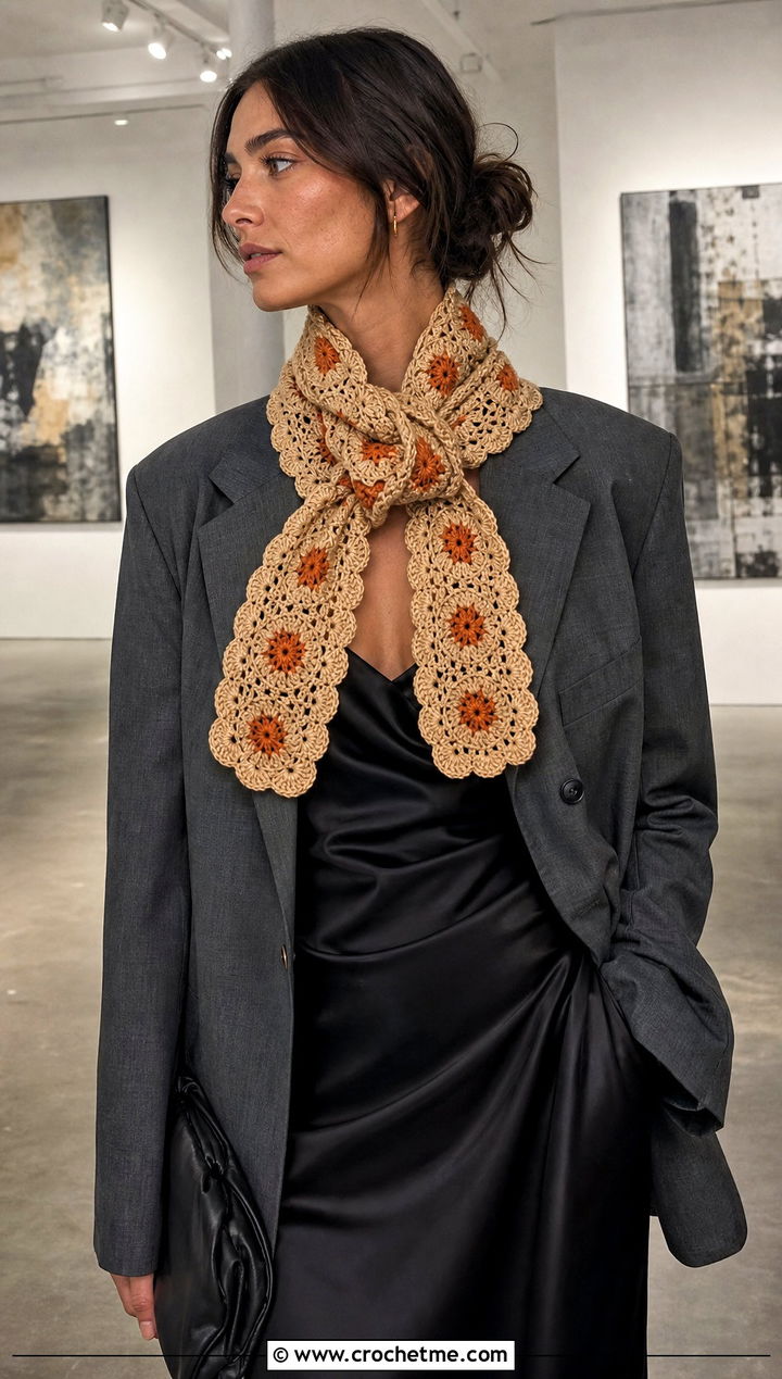 Warm Beige Motif Crochet Scarf With Slip Dress And Blazer - 15 neutral tone crochet scarf outfit ideas