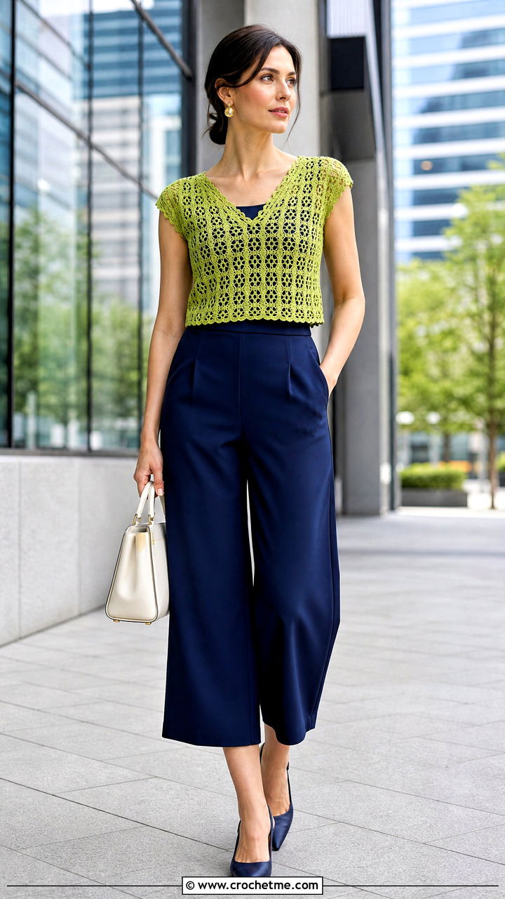 Wasabi Green Crochet Cap Sleeve Top With Navy Culottes - 35 crochet green top outfit ideas