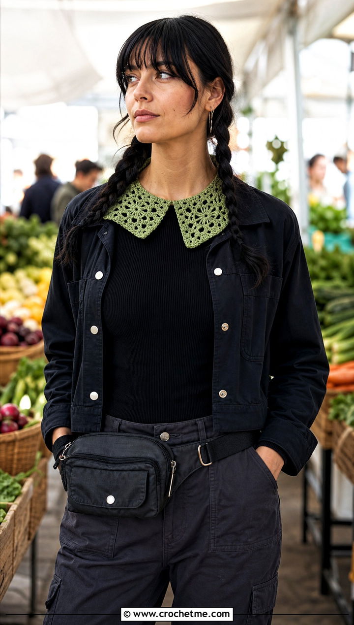 Wasabi Green Granny Square Crochet Collar With Utility Outfit - 15 wednesday addams crochet collar outfit ideas