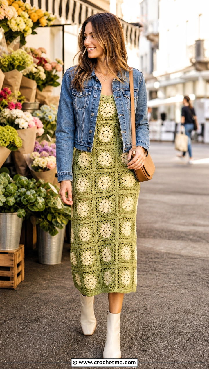 Wasabi Green Granny Square Crochet Dress With Denim Jacket - 25 Selena Gomez Crochet Dress outfit ideas