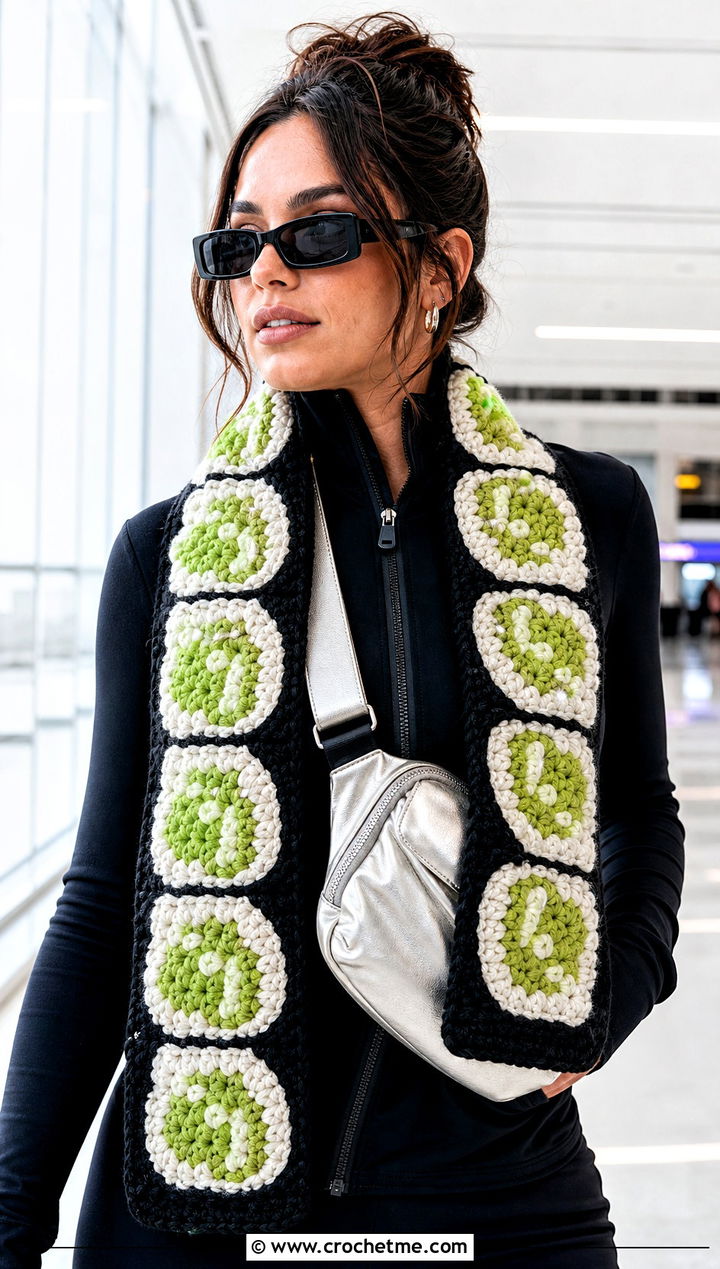 Wasabi Roll Crochet Sushi Scarf With Athleisure Set - 30 crochet sushi scarf outfit ideas