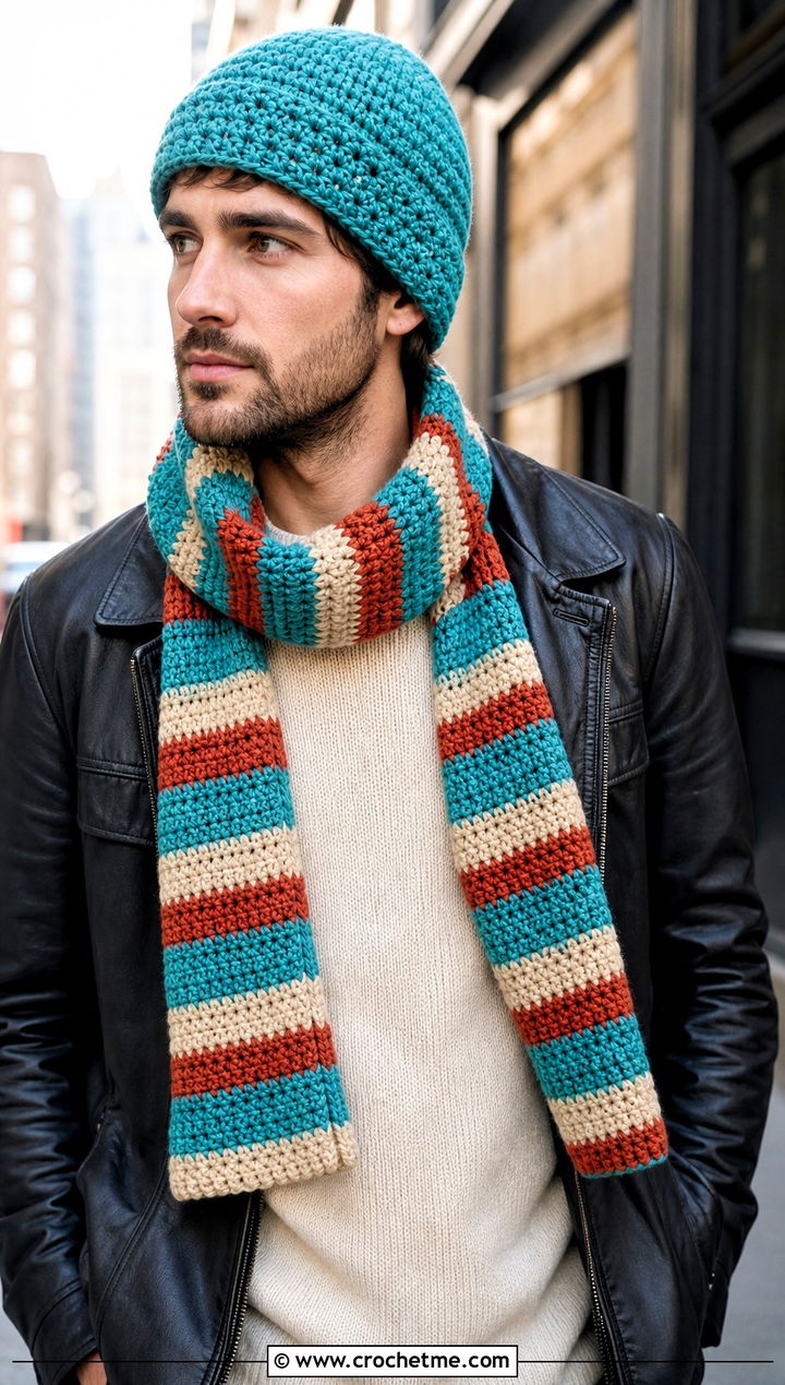 Watch Cap And Striped Scarf With Leather Jacket - 15 Mens Crochet Hat And Scarf outfit ideas