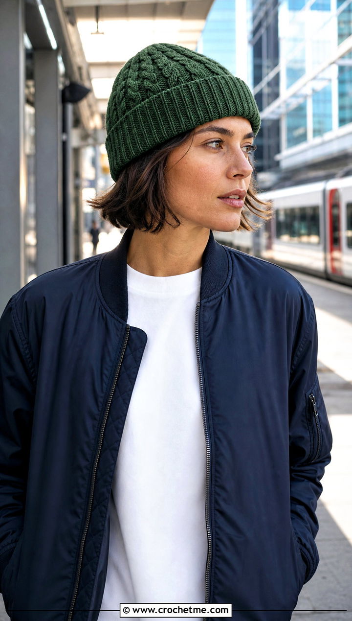 Watch Cap Cable Beanie With Bomber Jacket - 25 Crochet Cable Stitch Hat outfit ideas