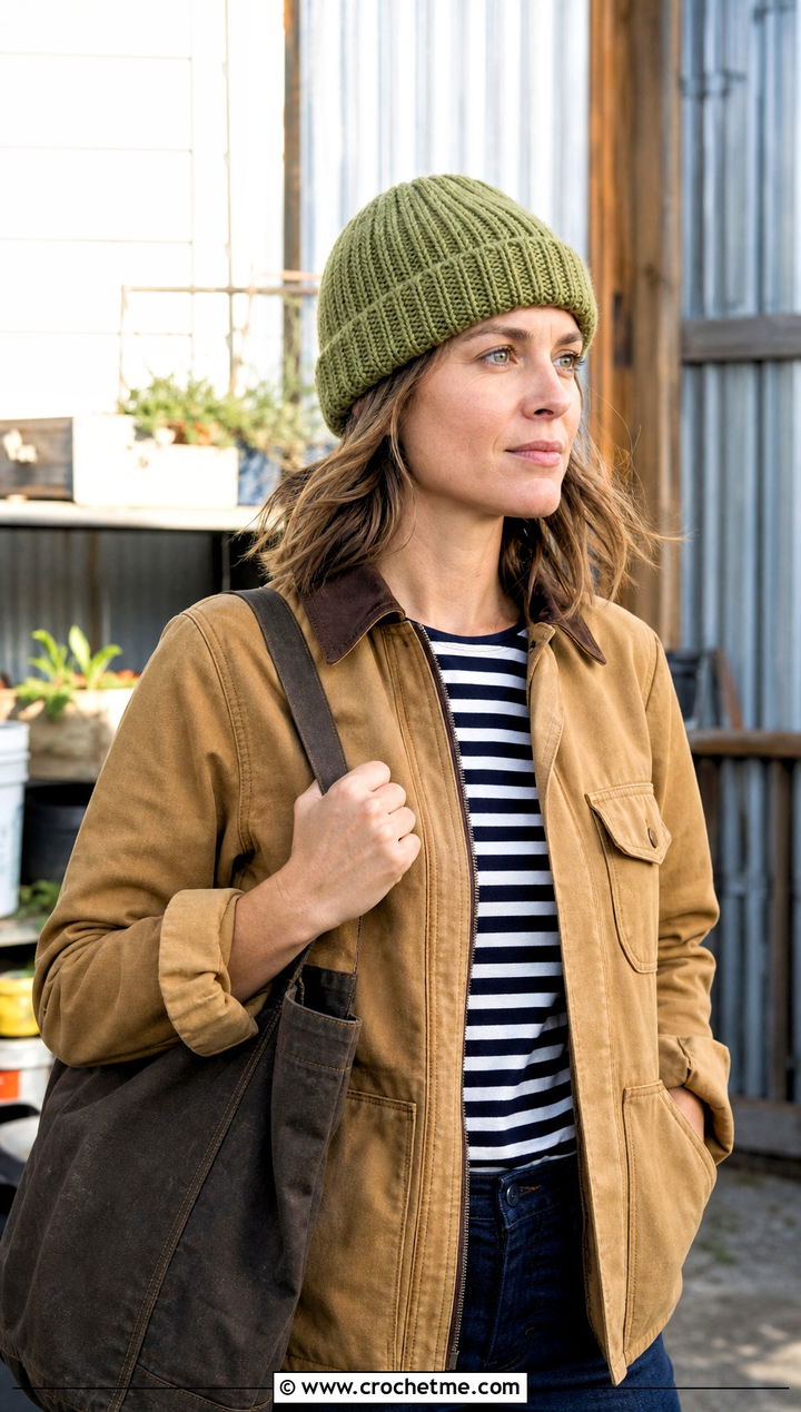 Watch Cap Crochet Beanie With Utility Jacket - 30 knit look crochet beanie outfit ideas