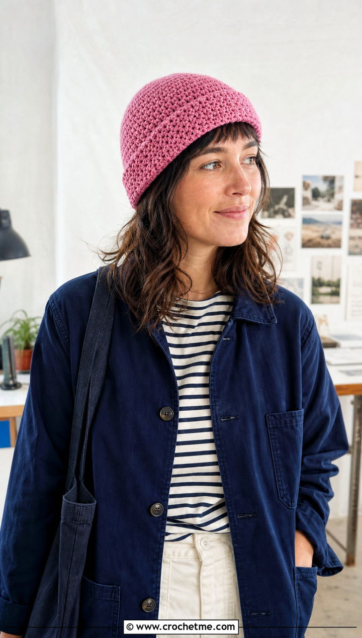 Watch Cap Knit Look Crochet Beanie With Chore Coat - 20 Crochet Beanie That Looks Like Knit outfit ideas