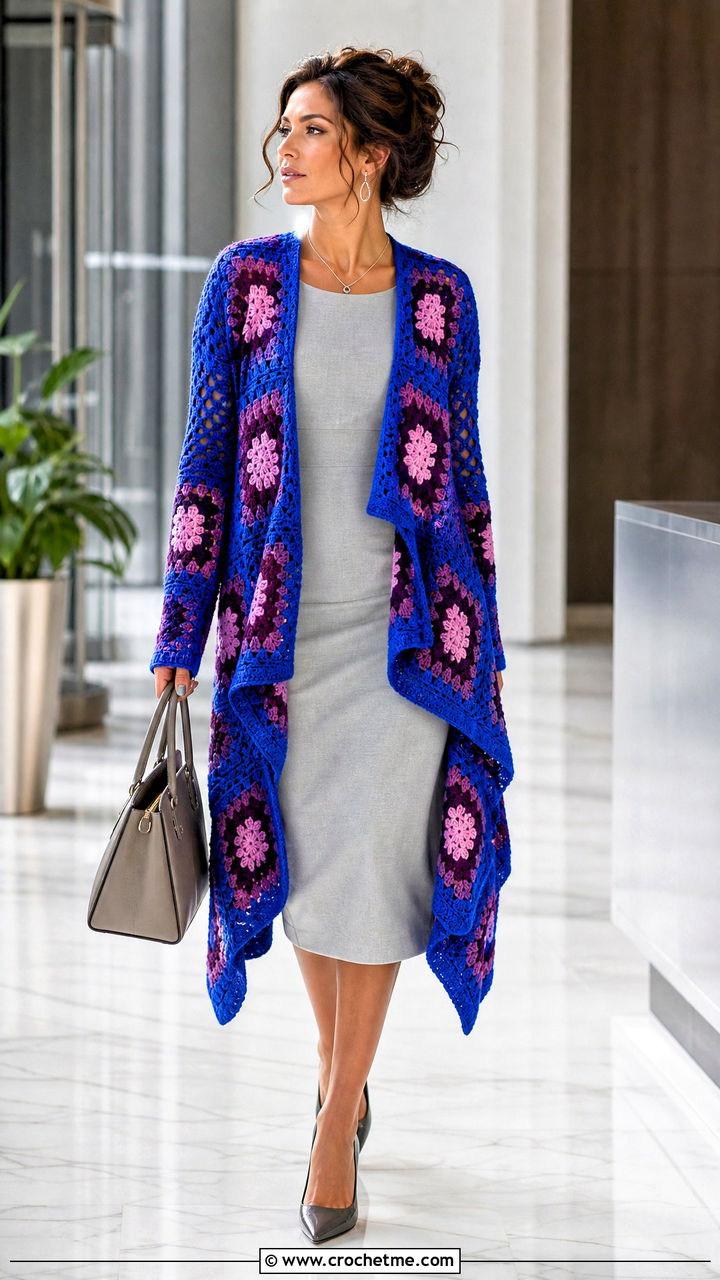 Waterfall Big Granny Square Cardigan With Sheath Dress - 35 Big Granny Square Cardigan outfit ideas