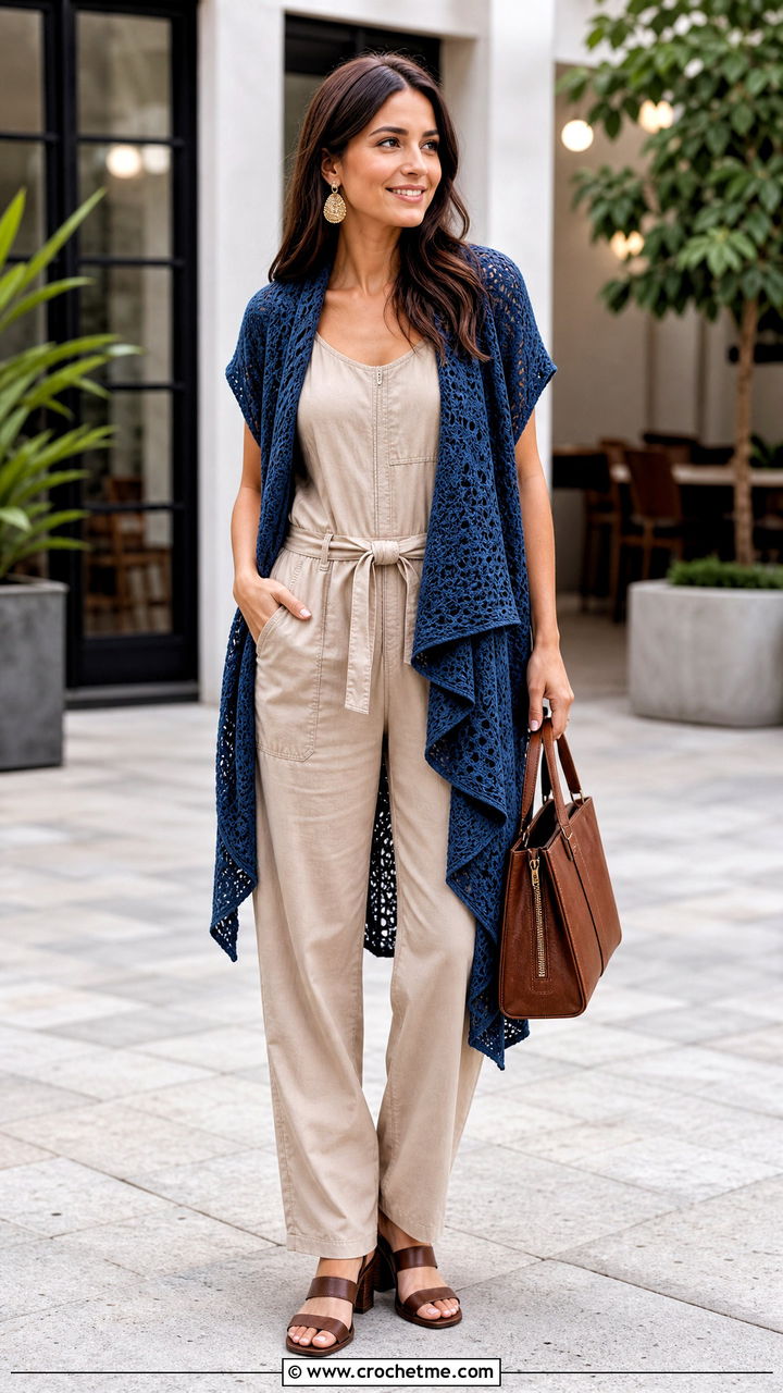 Waterfall Blue Crochet Cardigan With Jumpsuit - 35 blue crochet cardigan outfit ideas