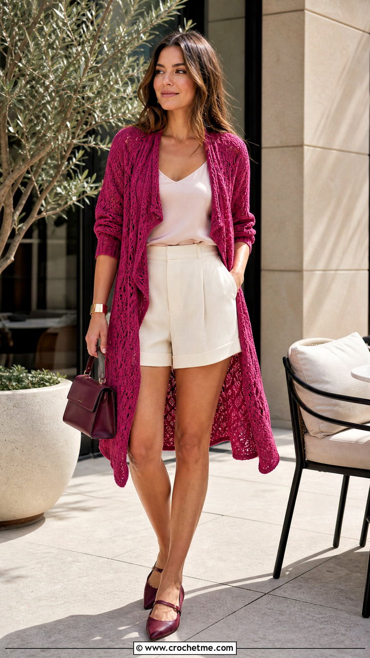 Waterfall Boho Crochet Cardigan With Tailored Shorts - 35 Boho Crochet Cardigan outfit ideas
