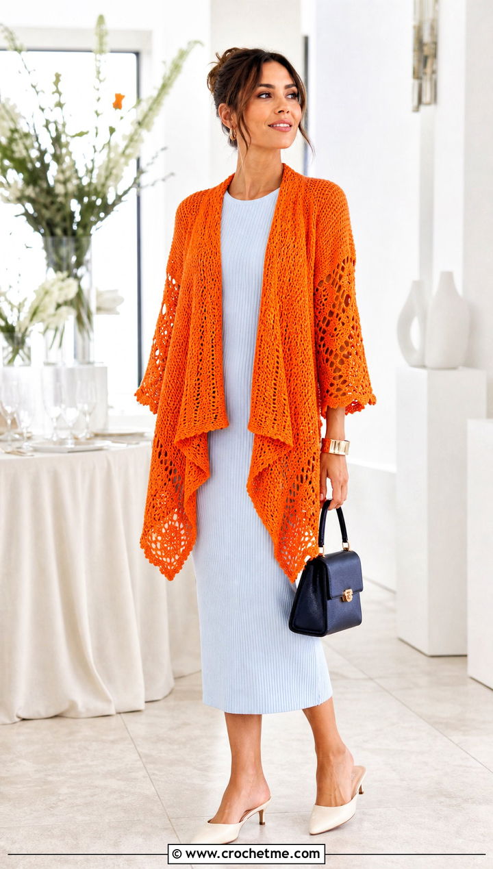 Waterfall Cardigan With Pineapple Lace Sleeves And Column Dress - 15 crochet cardigan with lace sleeves outfit ideas