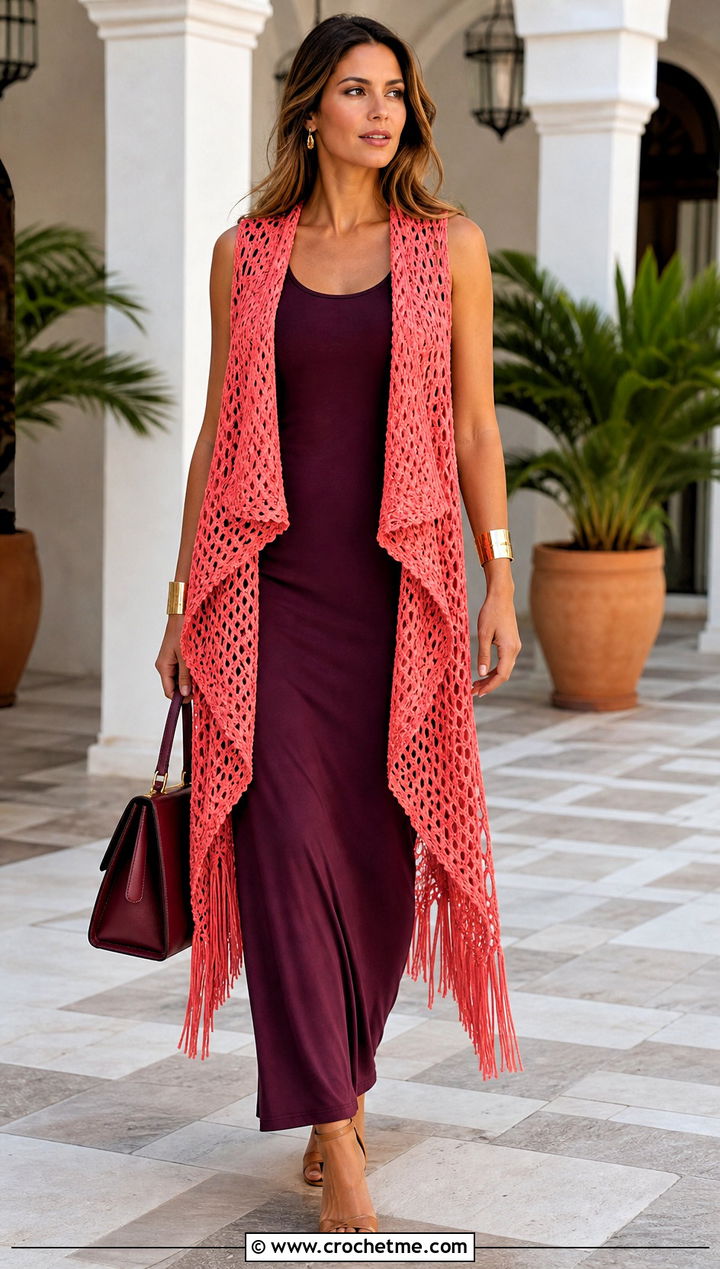 Waterfall Coral Fringe Vest With Column Dress - 15 coral fringe vest in knit crochet boho style outfit ideas