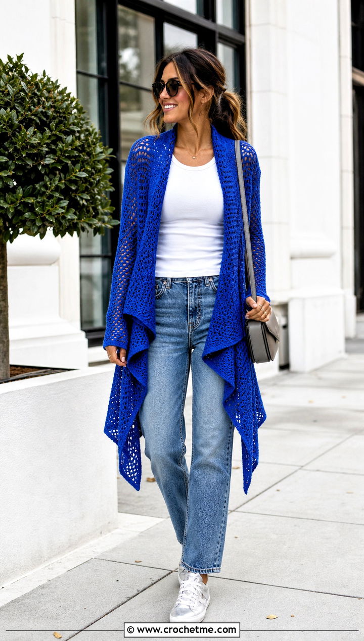 Waterfall Crochet Asymmetrical Cardigan With Straight Leg Jeans - 30 crochet asymmetrical cardigan outfit ideas