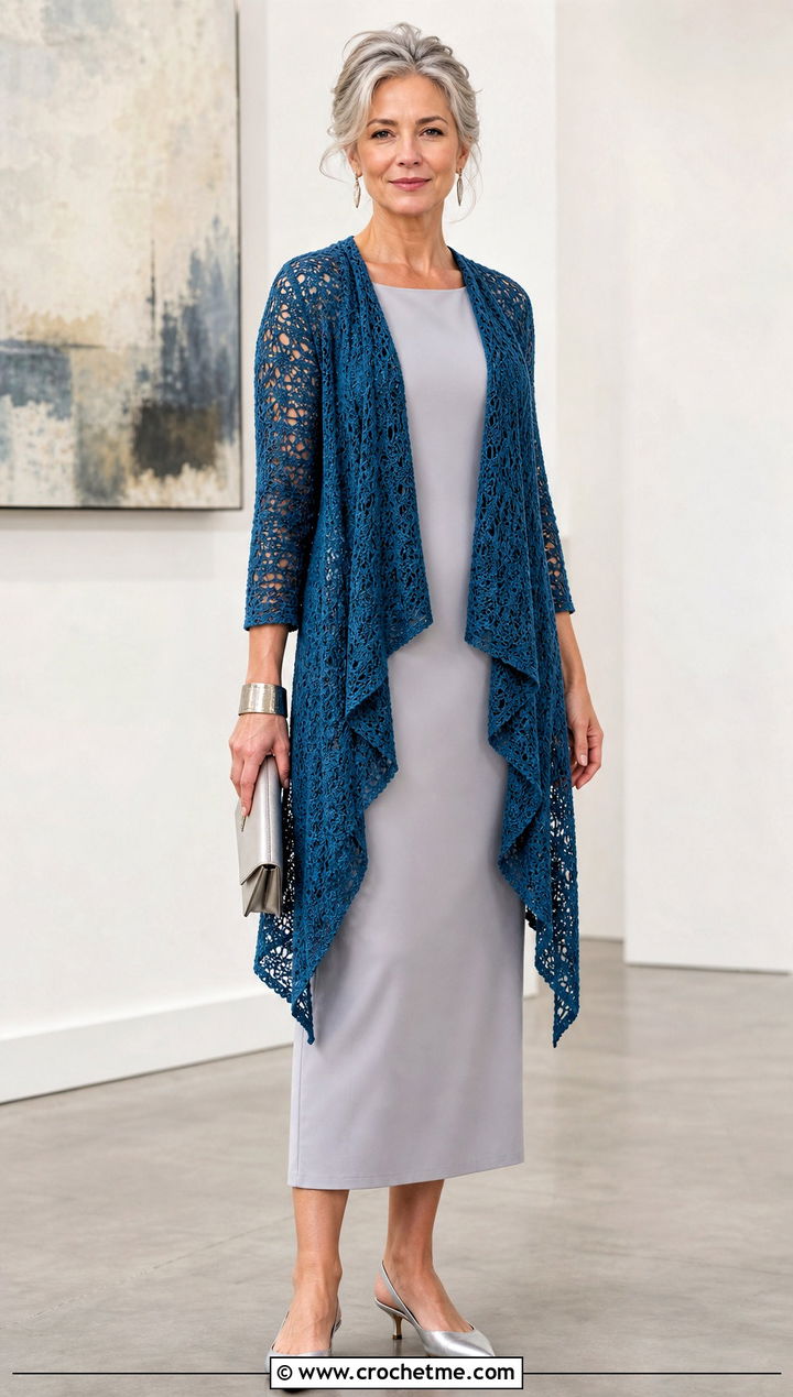Waterfall Crochet Cardigan With Column Dress - 20 Modern Crochet Cardigan outfit ideas