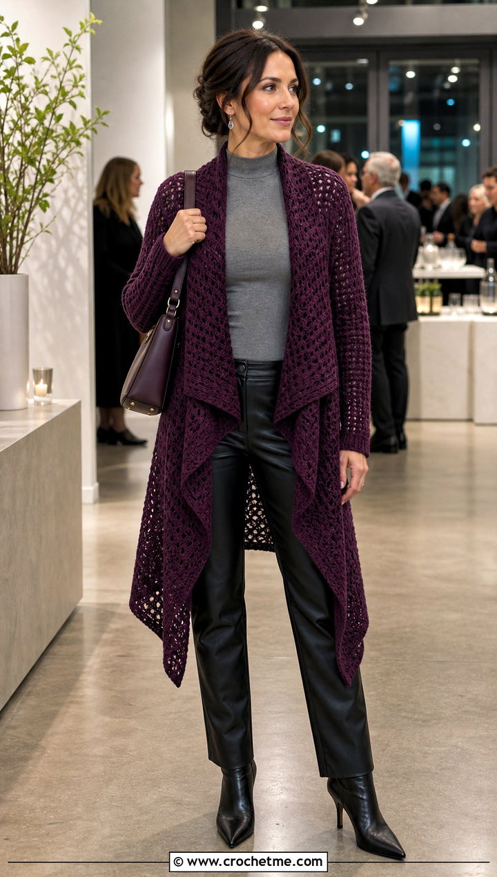 Waterfall Crochet Cardigan With Faux Leather Pants - 30 cute crochet cardigans outfit ideas