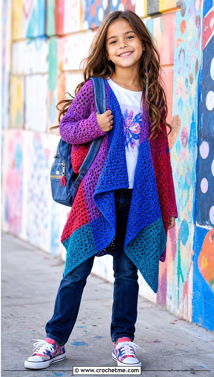Waterfall Crochet Cardigan With Graphic Tee - 25 Childs Crochet Cardigan outfit ideas