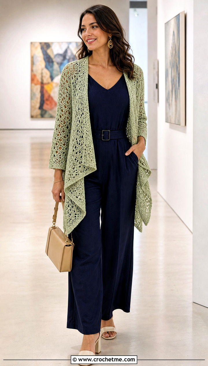 Waterfall Crochet Cardigan With Jumpsuit - 25 basic crochet cardigan outfit ideas