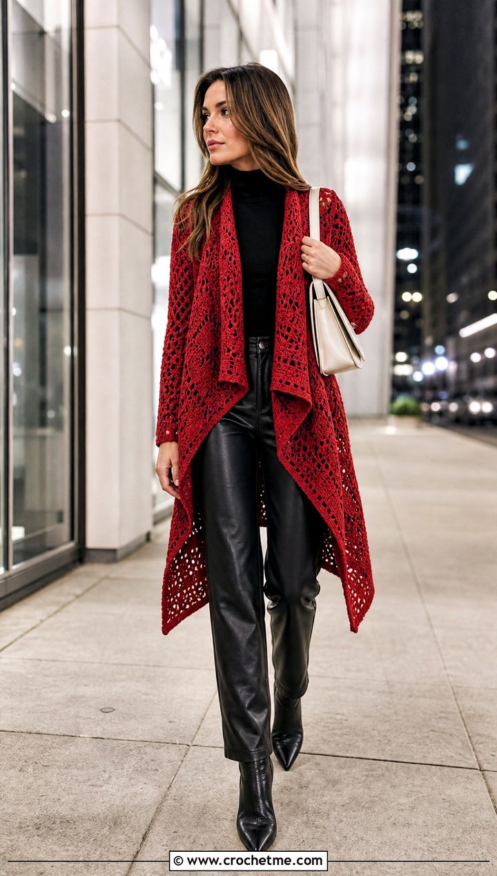 Waterfall Crochet Cardigan With Leather Pants - 30 loose crochet cardigan outfit ideas