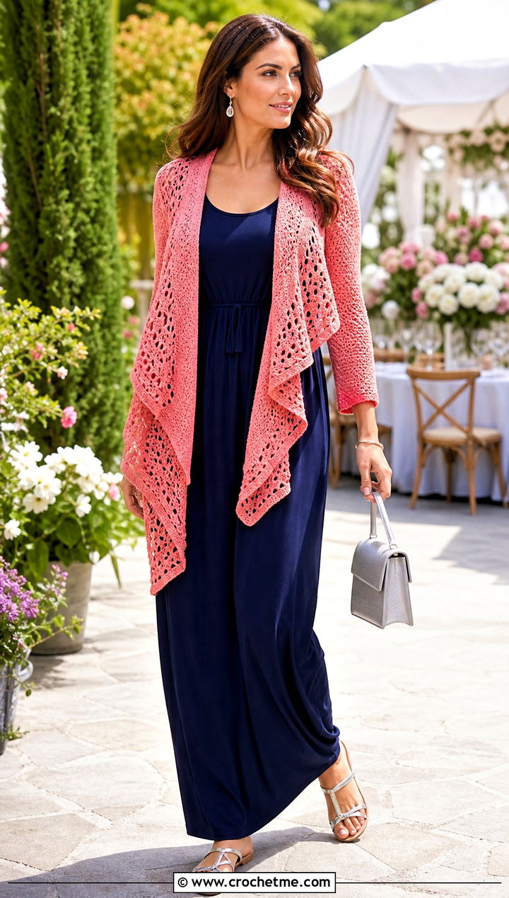 Waterfall Crochet Cardigan With Maxi Dress - 30 crochet women's cardigan outfit ideas