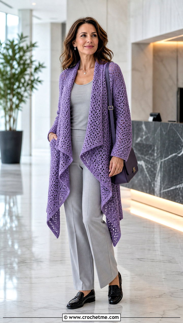 Waterfall Crochet Cardigan With Monochrome Basics - 35 ladies crochet cardigan outfit ideas